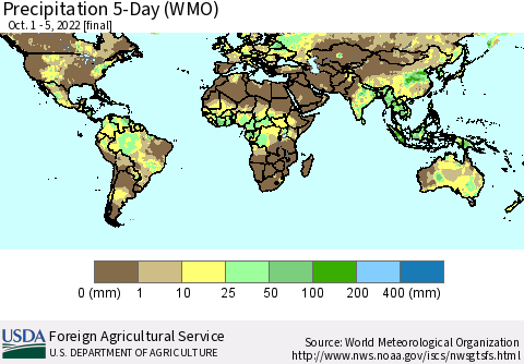 World Precipitation 5-Day (WMO) Thematic Map For 10/1/2022 - 10/5/2022