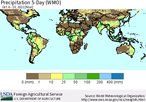 World Precipitation 5-Day (WMO) Thematic Map For 10/6/2022 - 10/10/2022
