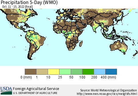 World Precipitation 5-Day (WMO) Thematic Map For 10/11/2022 - 10/15/2022