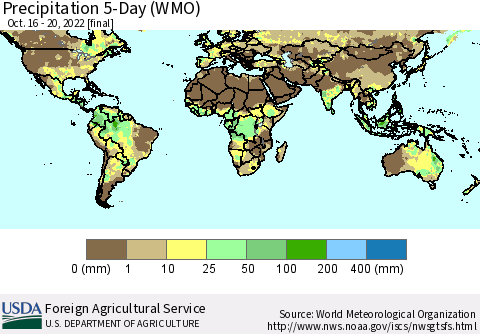 World Precipitation 5-Day (WMO) Thematic Map For 10/16/2022 - 10/20/2022