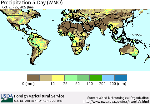 World Precipitation 5-Day (WMO) Thematic Map For 10/21/2022 - 10/25/2022
