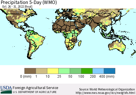 World Precipitation 5-Day (WMO) Thematic Map For 10/26/2022 - 10/31/2022