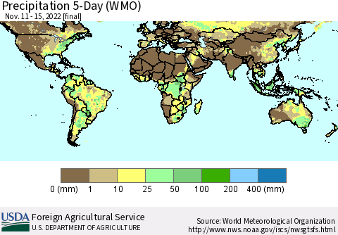 World Precipitation 5-Day (WMO) Thematic Map For 11/11/2022 - 11/15/2022