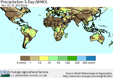 World Precipitation 5-Day (WMO) Thematic Map For 11/16/2022 - 11/20/2022