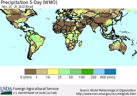 World Precipitation 5-Day (WMO) Thematic Map For 11/21/2022 - 11/25/2022