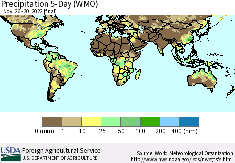 World Precipitation 5-Day (WMO) Thematic Map For 11/26/2022 - 11/30/2022