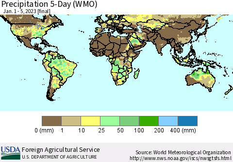 World Precipitation 5-Day (WMO) Thematic Map For 1/1/2023 - 1/5/2023
