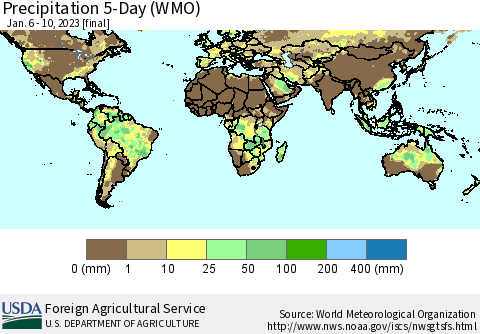 World Precipitation 5-Day (WMO) Thematic Map For 1/6/2023 - 1/10/2023