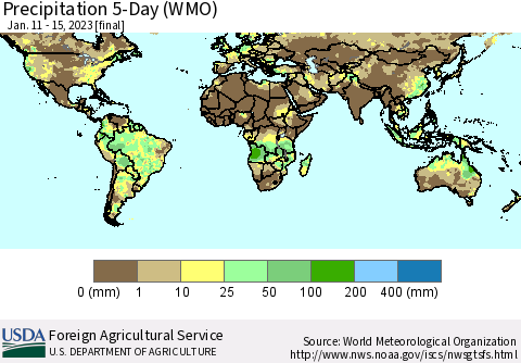 World Precipitation 5-Day (WMO) Thematic Map For 1/11/2023 - 1/15/2023