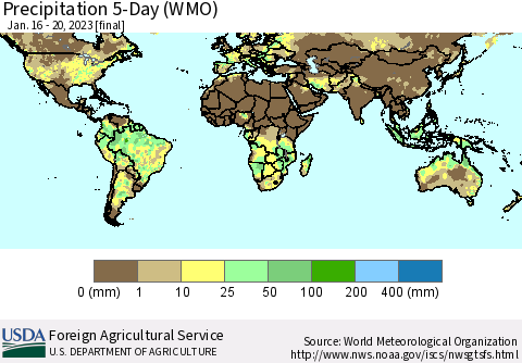 World Precipitation 5-Day (WMO) Thematic Map For 1/16/2023 - 1/20/2023