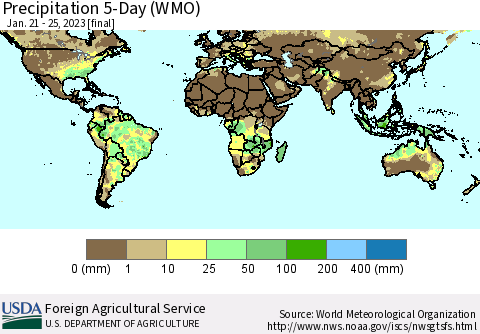 World Precipitation 5-Day (WMO) Thematic Map For 1/21/2023 - 1/25/2023