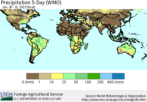 World Precipitation 5-Day (WMO) Thematic Map For 1/26/2023 - 1/31/2023
