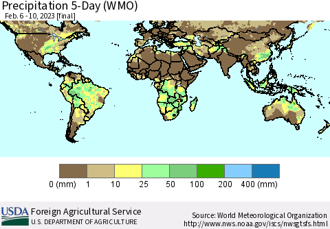 World Precipitation 5-Day (WMO) Thematic Map For 2/6/2023 - 2/10/2023