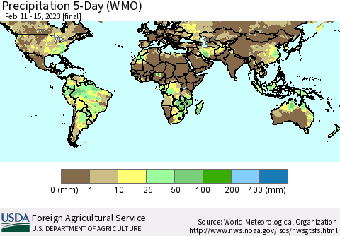 World Precipitation 5-Day (WMO) Thematic Map For 2/11/2023 - 2/15/2023
