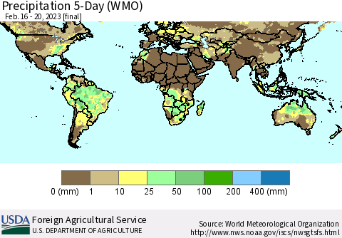 World Precipitation 5-Day (WMO) Thematic Map For 2/16/2023 - 2/20/2023