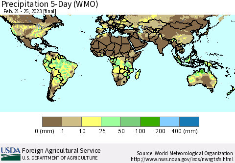 World Precipitation 5-Day (WMO) Thematic Map For 2/21/2023 - 2/25/2023