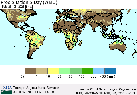 World Precipitation 5-Day (WMO) Thematic Map For 2/26/2023 - 2/28/2023