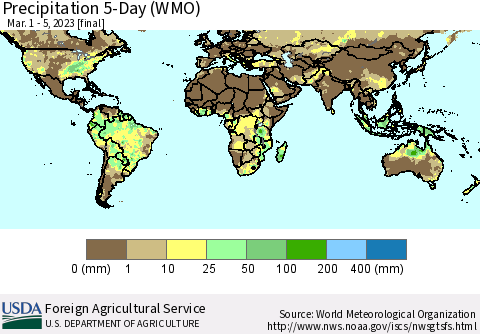 World Precipitation 5-Day (WMO) Thematic Map For 3/1/2023 - 3/5/2023