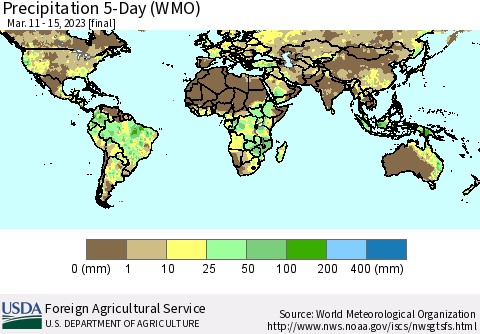 World Precipitation 5-Day (WMO) Thematic Map For 3/11/2023 - 3/15/2023