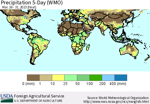 World Precipitation 5-Day (WMO) Thematic Map For 3/26/2023 - 3/31/2023