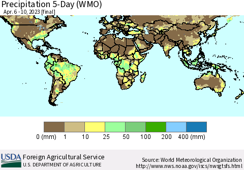 World Precipitation 5-Day (WMO) Thematic Map For 4/6/2023 - 4/10/2023