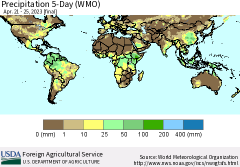World Precipitation 5-Day (WMO) Thematic Map For 4/21/2023 - 4/25/2023