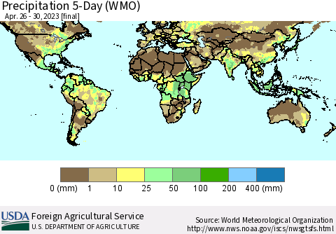 World Precipitation 5-Day (WMO) Thematic Map For 4/26/2023 - 4/30/2023