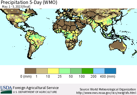 World Precipitation 5-Day (WMO) Thematic Map For 5/1/2023 - 5/5/2023
