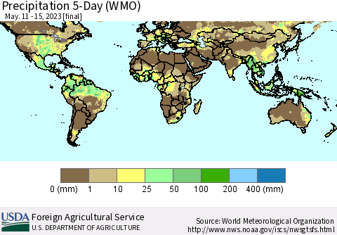 World Precipitation 5-Day (WMO) Thematic Map For 5/11/2023 - 5/15/2023