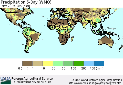 World Precipitation 5-Day (WMO) Thematic Map For 5/21/2023 - 5/25/2023