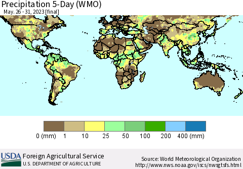 World Precipitation 5-Day (WMO) Thematic Map For 5/26/2023 - 5/31/2023