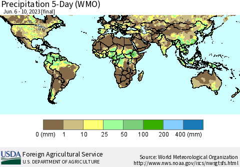 World Precipitation 5-Day (WMO) Thematic Map For 6/6/2023 - 6/10/2023