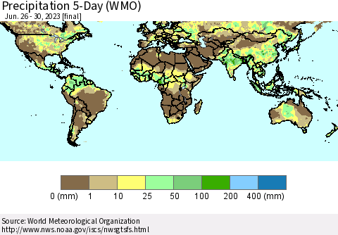 World Precipitation 5-Day (WMO) Thematic Map For 6/26/2023 - 6/30/2023