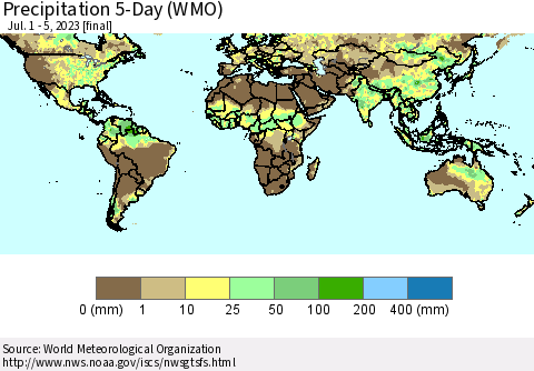 World Precipitation 5-Day (WMO) Thematic Map For 7/1/2023 - 7/5/2023