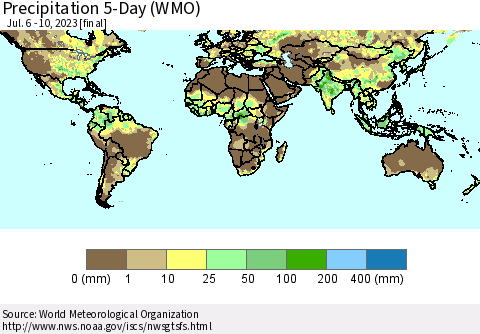 World Precipitation 5-Day (WMO) Thematic Map For 7/6/2023 - 7/10/2023