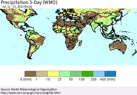 World Precipitation 5-Day (WMO) Thematic Map For 7/11/2023 - 7/15/2023