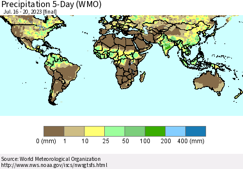World Precipitation 5-Day (WMO) Thematic Map For 7/16/2023 - 7/20/2023