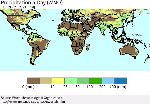 World Precipitation 5-Day (WMO) Thematic Map For 7/21/2023 - 7/25/2023