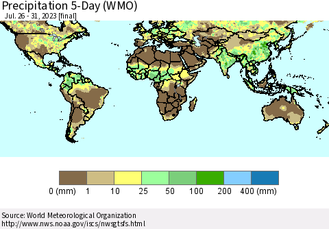 World Precipitation 5-Day (WMO) Thematic Map For 7/26/2023 - 7/31/2023