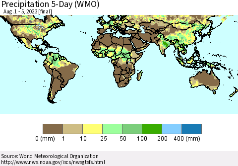 World Precipitation 5-Day (WMO) Thematic Map For 8/1/2023 - 8/5/2023