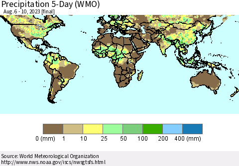 World Precipitation 5-Day (WMO) Thematic Map For 8/6/2023 - 8/10/2023