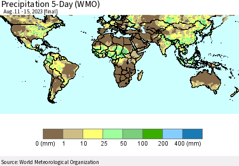 World Precipitation 5-Day (WMO) Thematic Map For 8/11/2023 - 8/15/2023