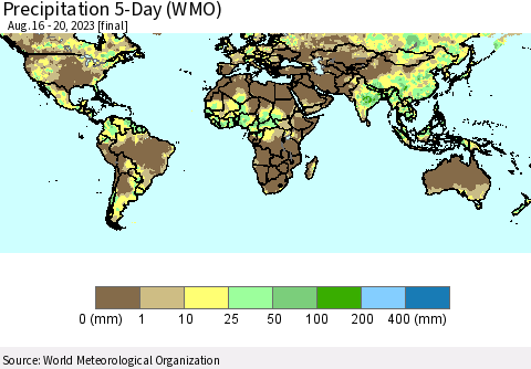 World Precipitation 5-Day (WMO) Thematic Map For 8/16/2023 - 8/20/2023