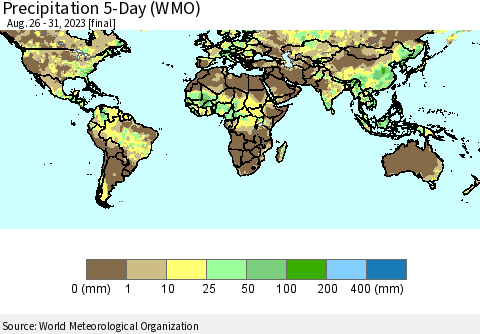 World Precipitation 5-Day (WMO) Thematic Map For 8/26/2023 - 8/31/2023
