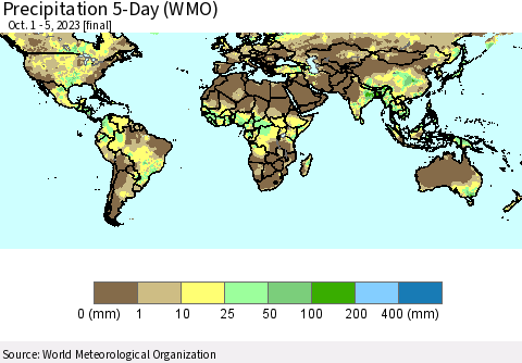 World Precipitation 5-Day (WMO) Thematic Map For 10/1/2023 - 10/5/2023