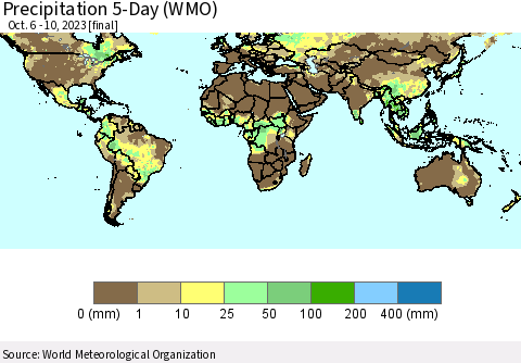World Precipitation 5-Day (WMO) Thematic Map For 10/6/2023 - 10/10/2023