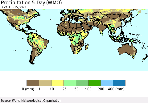 World Precipitation 5-Day (WMO) Thematic Map For 10/11/2023 - 10/15/2023