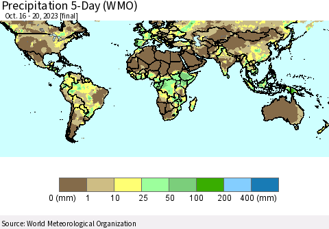 World Precipitation 5-Day (WMO) Thematic Map For 10/16/2023 - 10/20/2023