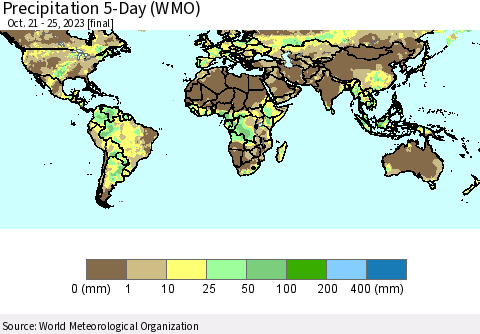 World Precipitation 5-Day (WMO) Thematic Map For 10/21/2023 - 10/25/2023
