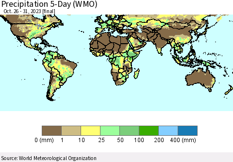 World Precipitation 5-Day (WMO) Thematic Map For 10/26/2023 - 10/31/2023